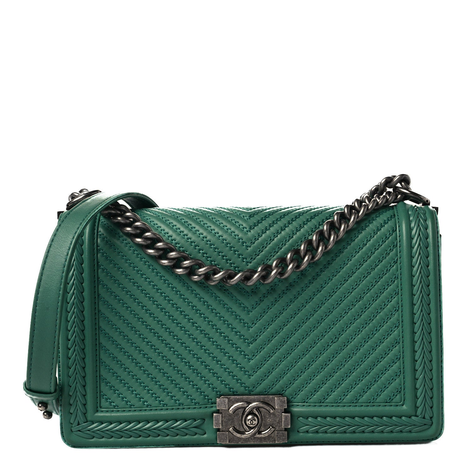 Chanel Calfskin Chevron Quilted New Medium Braided Boy Flap Green 1 of 6