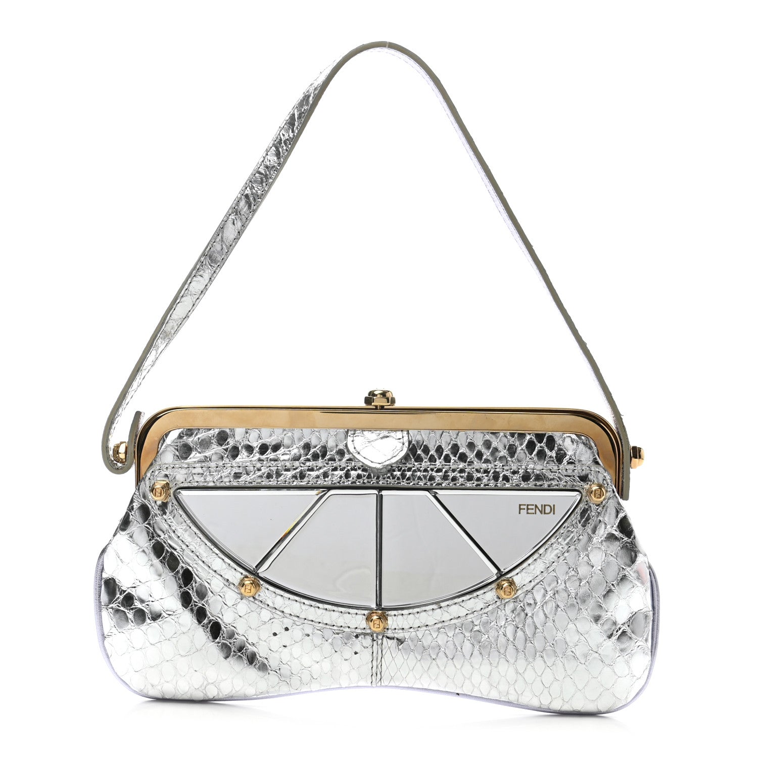 Fendi Metallic Crocodile Flipping Vanity Mirror Clutch Silver 1 of 6