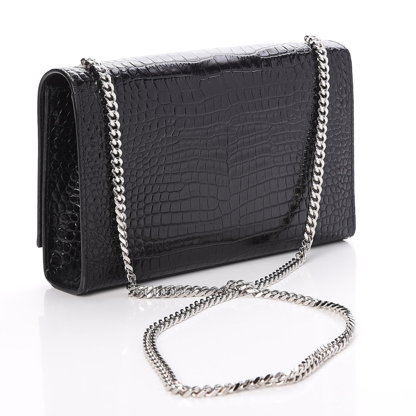 Calfskin Crocodile Embossed Medium Classic Monogram Kate Tassel Satchel Black