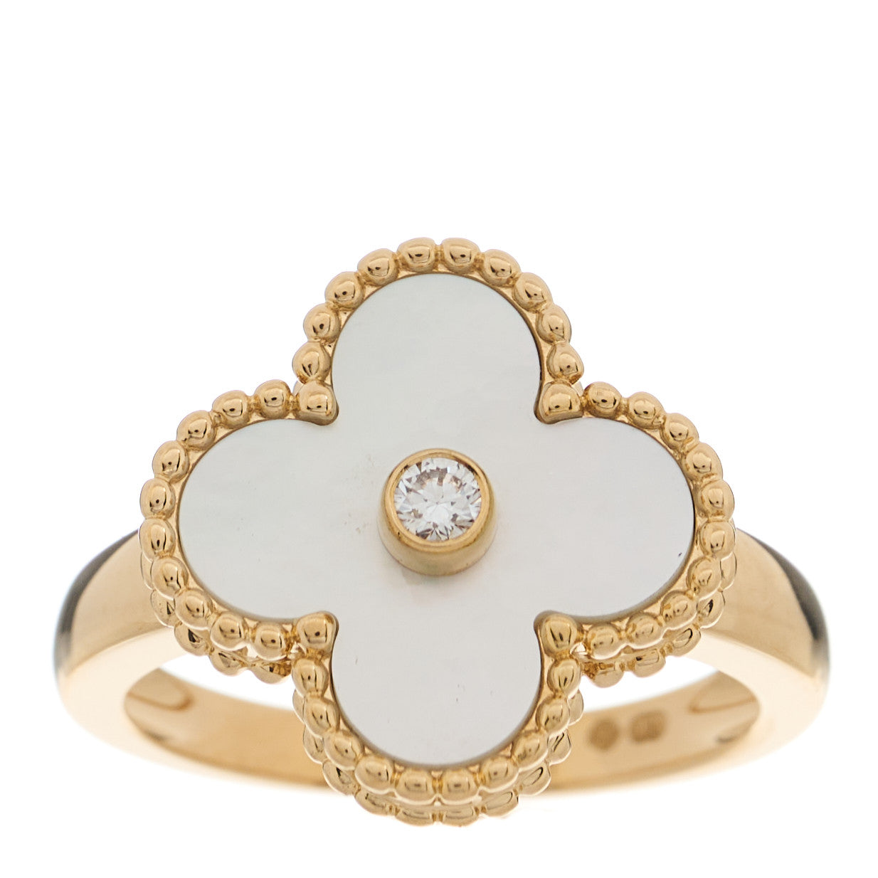 18K Yellow Gold Diamond Mother of Pearl Vintage Alhambra Ring 50 5.25