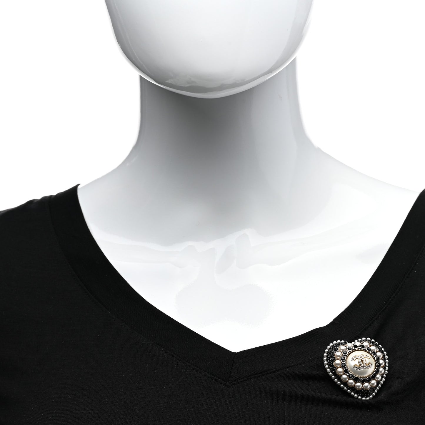 Crystal Pearl CC Heart Brooch Gold Black White