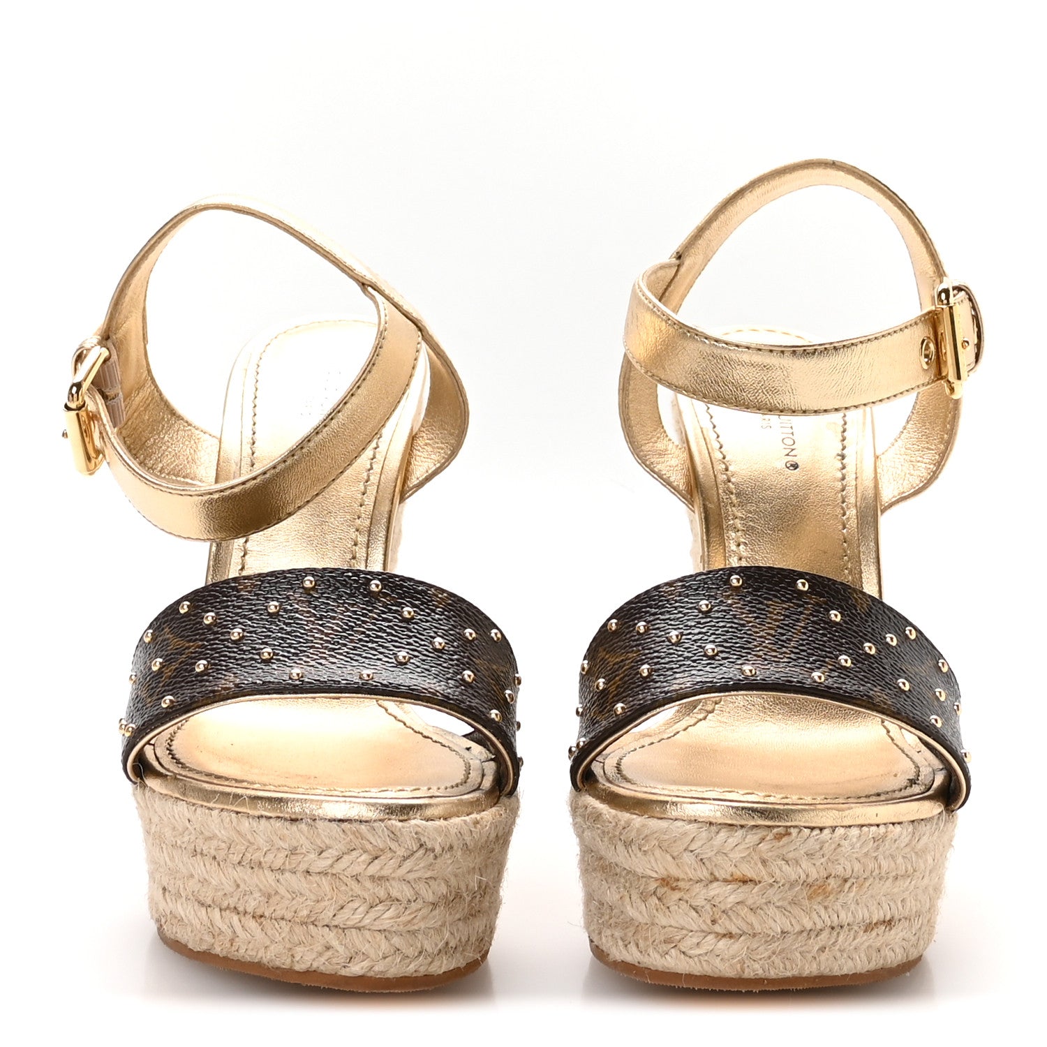 Louis Vuitton Metallic Monogram Calfskin Studded Wedge Sandals 35 Gold 3 of 9