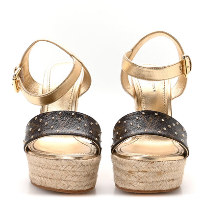 Louis Vuitton Metallic Monogram Calfskin Studded Wedge Sandals 35 Gold 3 of 9