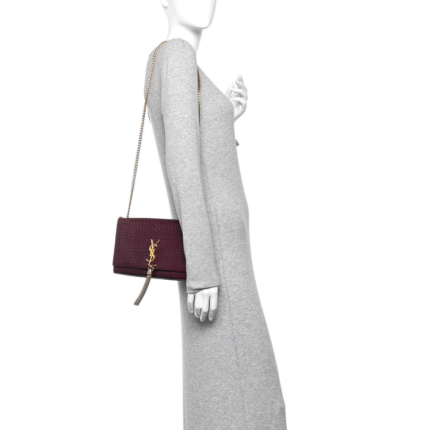 Saint Laurent Calfskin Crocodile Embossed Medium Classic Monogram Kate Tassel Satchel Dark Red 2 of 15