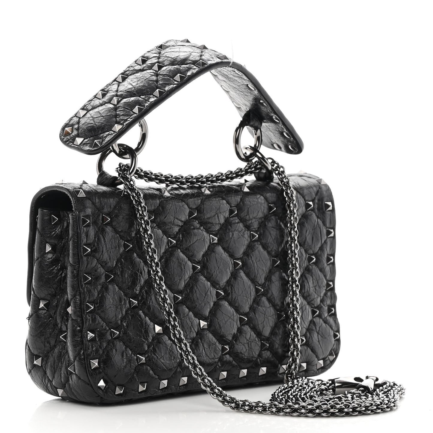 Craquele Nappa Small Rockstud Spike Shoulder Bag Black