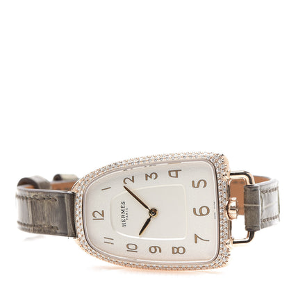 Hermes 18K Rose Gold Alligator Diamond Bezel 26mm Galop Quartz Watch Gris Elephant 3 of 7