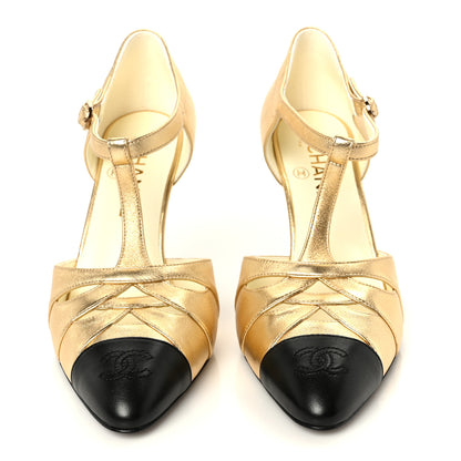 Chanel Laminated Lambskin Cap Toe CC Mary Jane Pumps 37.5 Gold Black 3 of 10