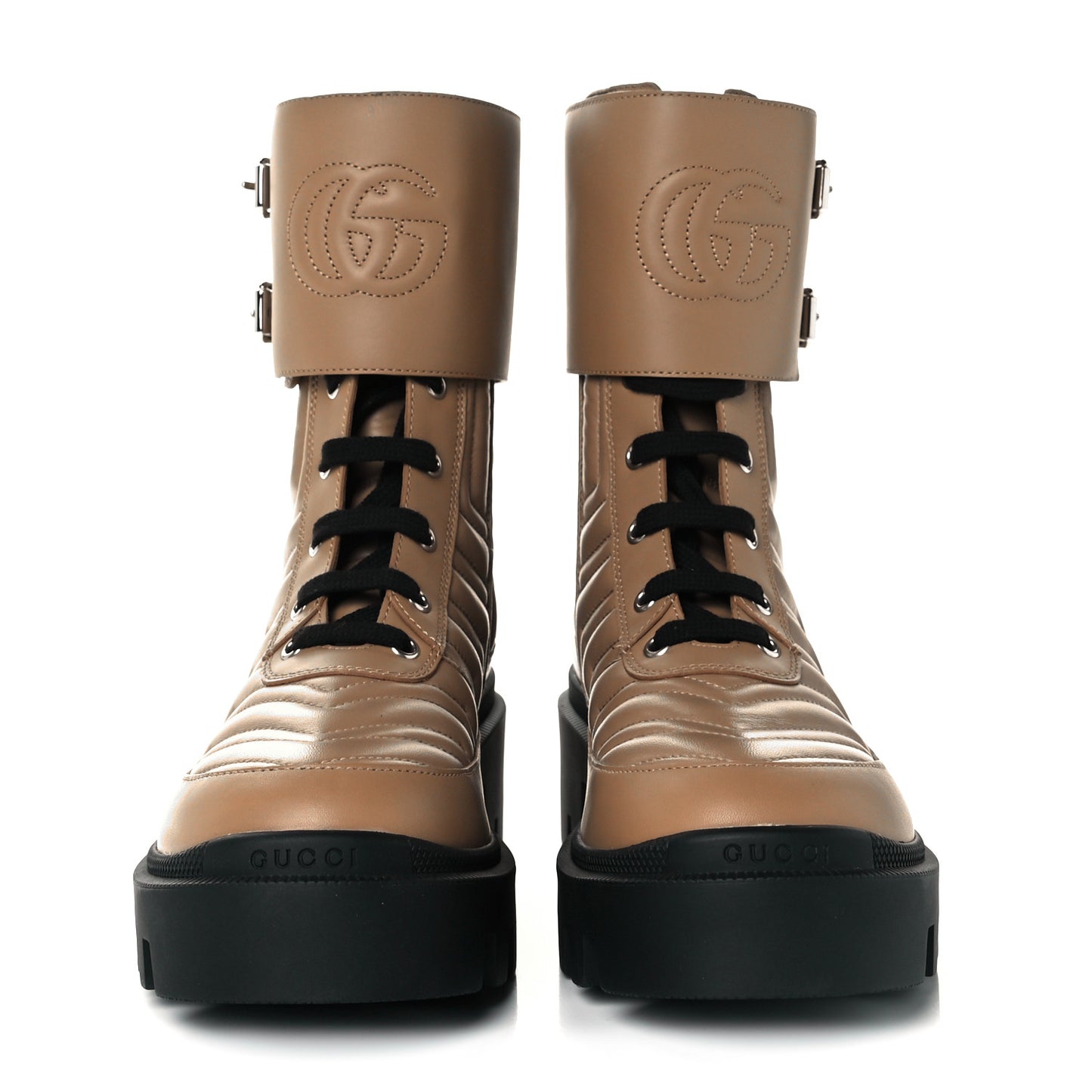Nappa Frances GG Matelasse Platform Combat Boots 38 Natural Tan