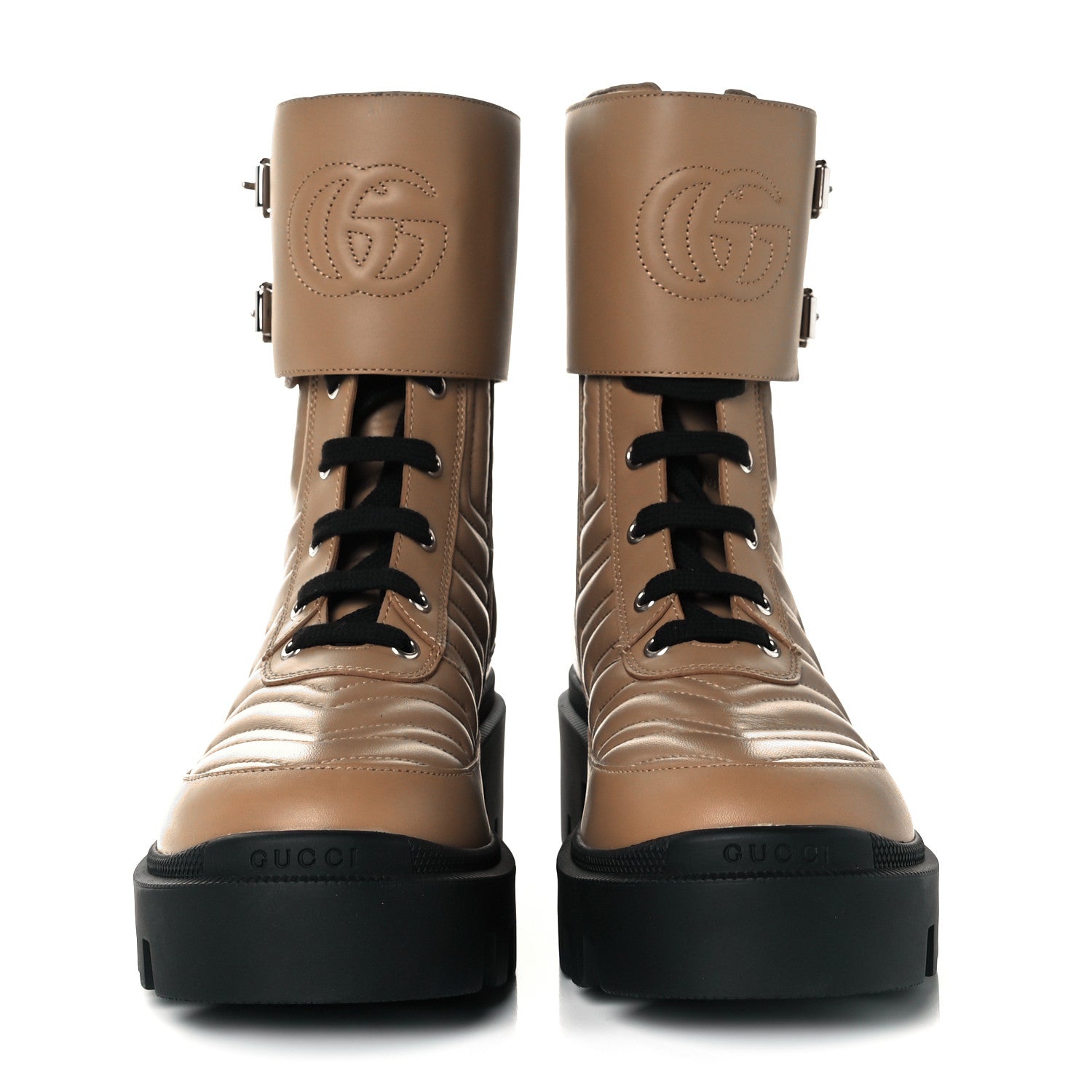 Gucci Nappa Frances GG Matelasse Platform Combat Boots 38 Natural Tan 2 of 9