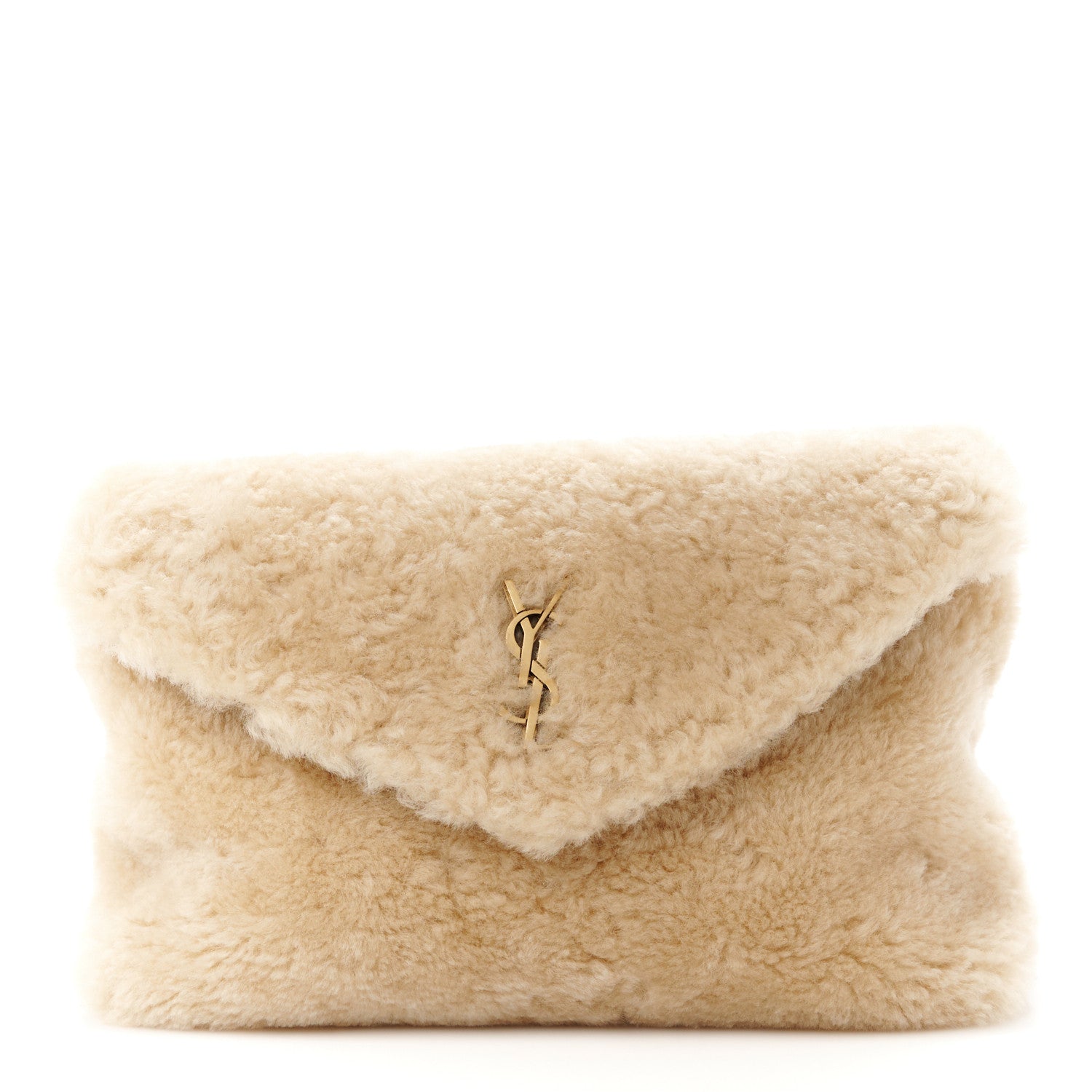 Saint Laurent Shearling Quilted Monogram Loulou Puffer Pouch Clutch Natural Beige Brick 1 of 13