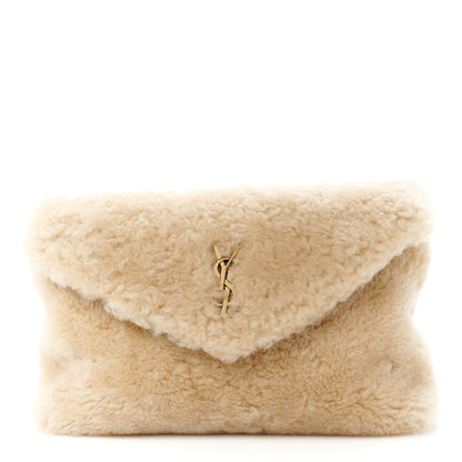 Saint Laurent Shearling Quilted Monogram Loulou Puffer Pouch Clutch Natural Beige Brick 1 of 13