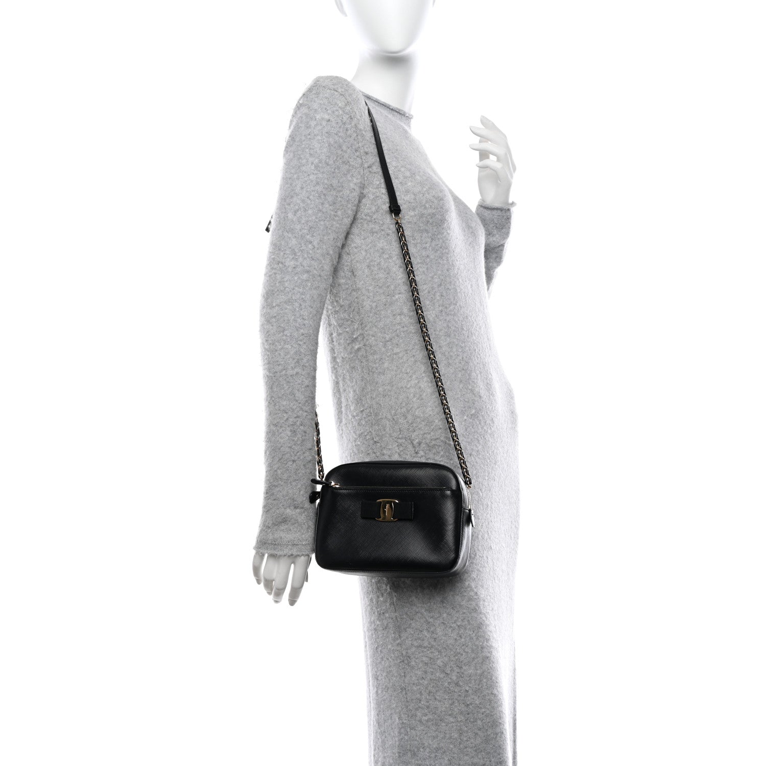 Salvatore Ferragamo Hammered Calfskin Lydia Bow Camera Bag Black 2 of 12