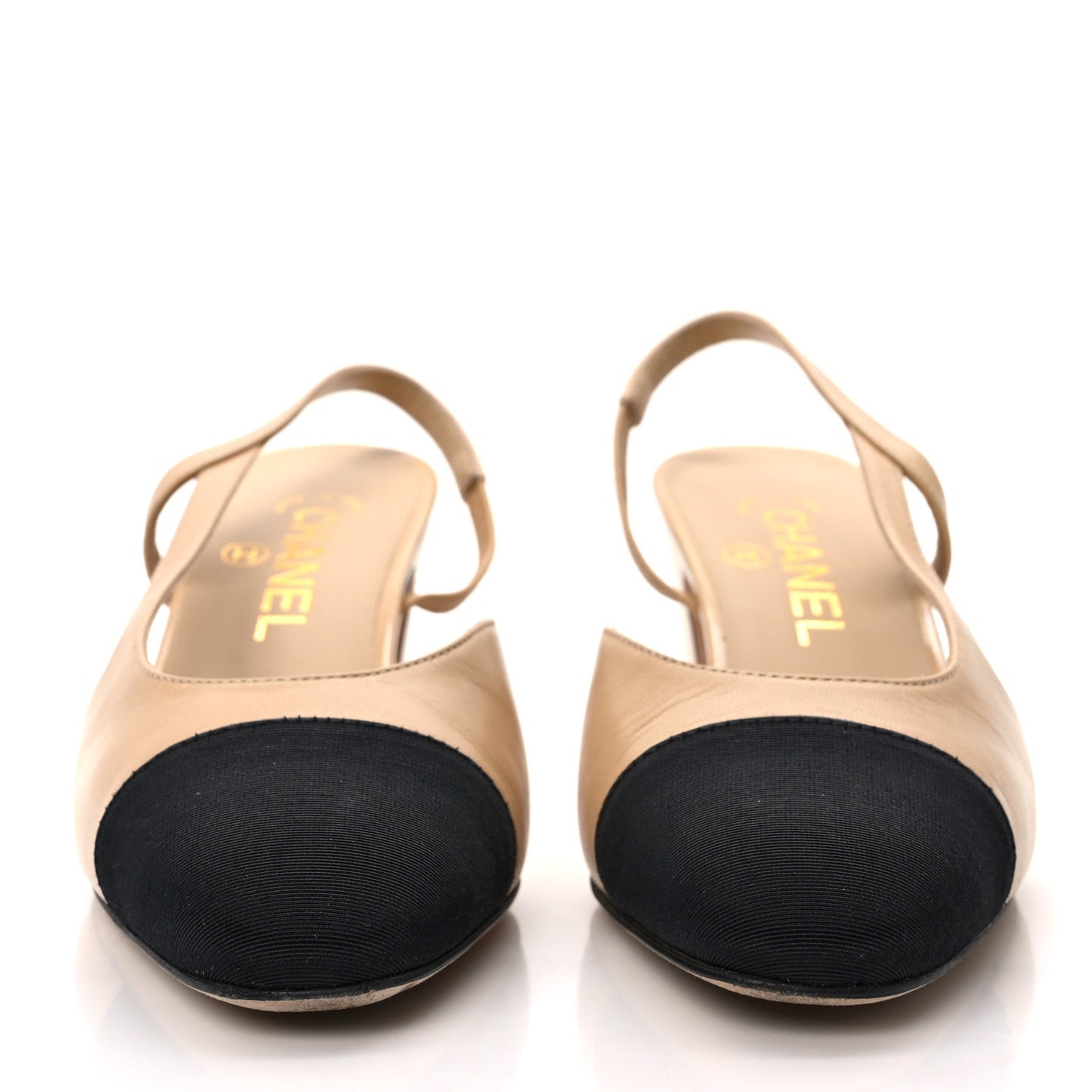 Goatskin Grosgrain Cap Toe CC Slingback Pumps 37 Beige Black