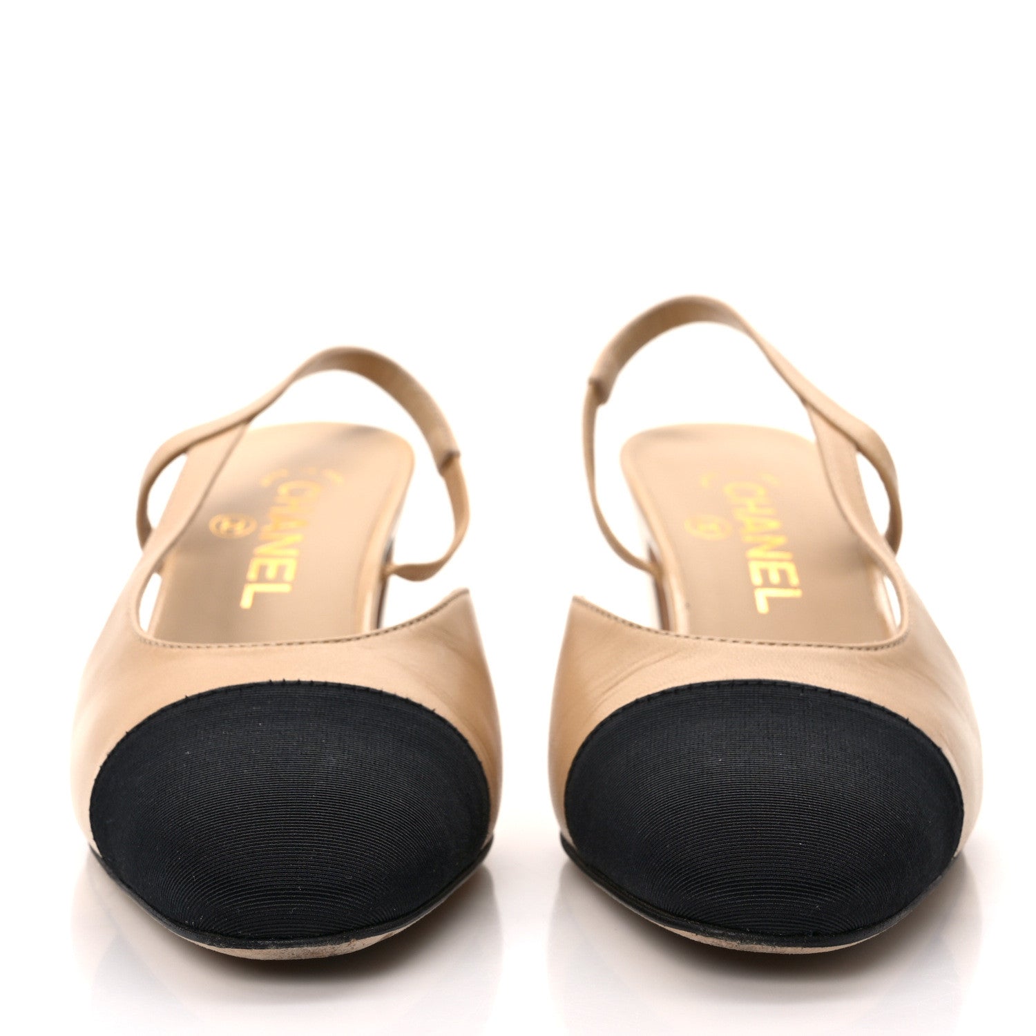 Chanel Goatskin Grosgrain Cap Toe CC Slingback Pumps 37 Beige Black 2 of 9