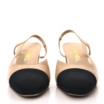 Chanel Goatskin Grosgrain Cap Toe CC Slingback Pumps 37 Beige Black 2 of 9