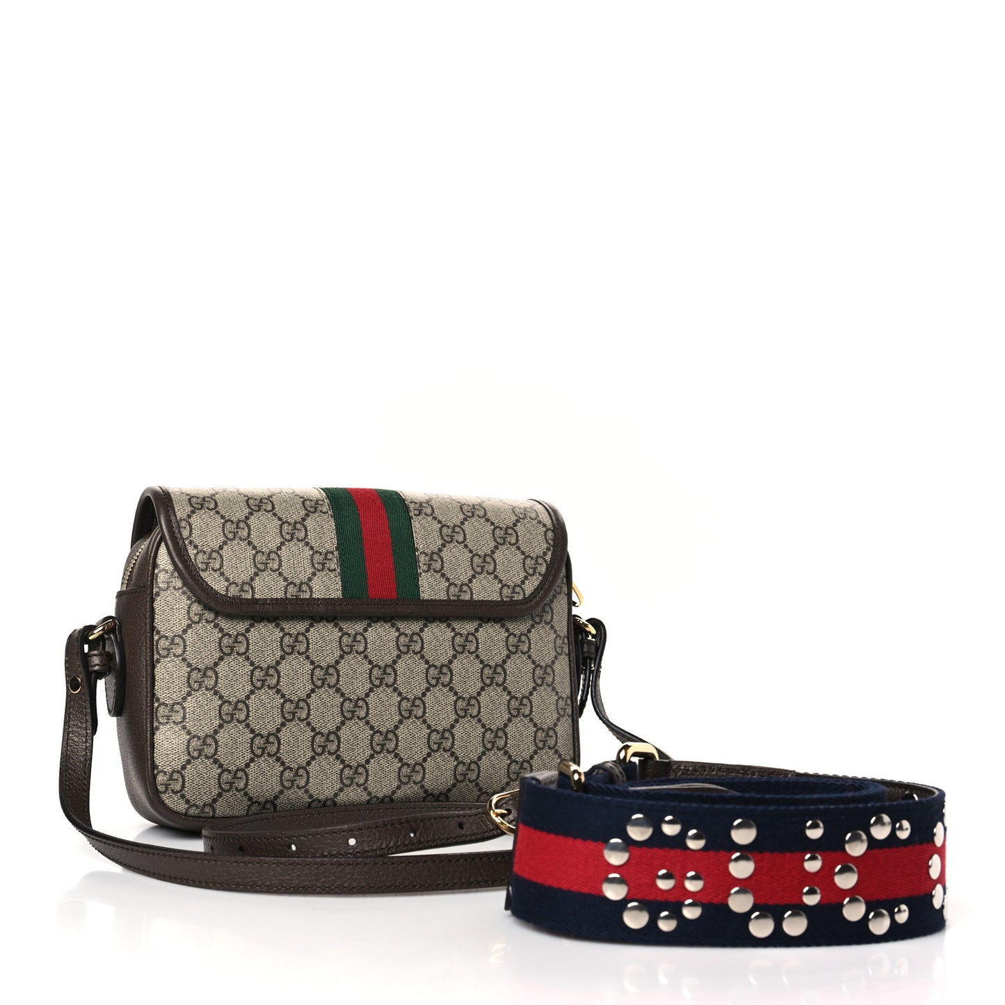 GG Supreme Monogram Textured Dollar Calfskin Web Studded Mini Ophidia Flap Shoulder Bag Beige Ebony New Acero