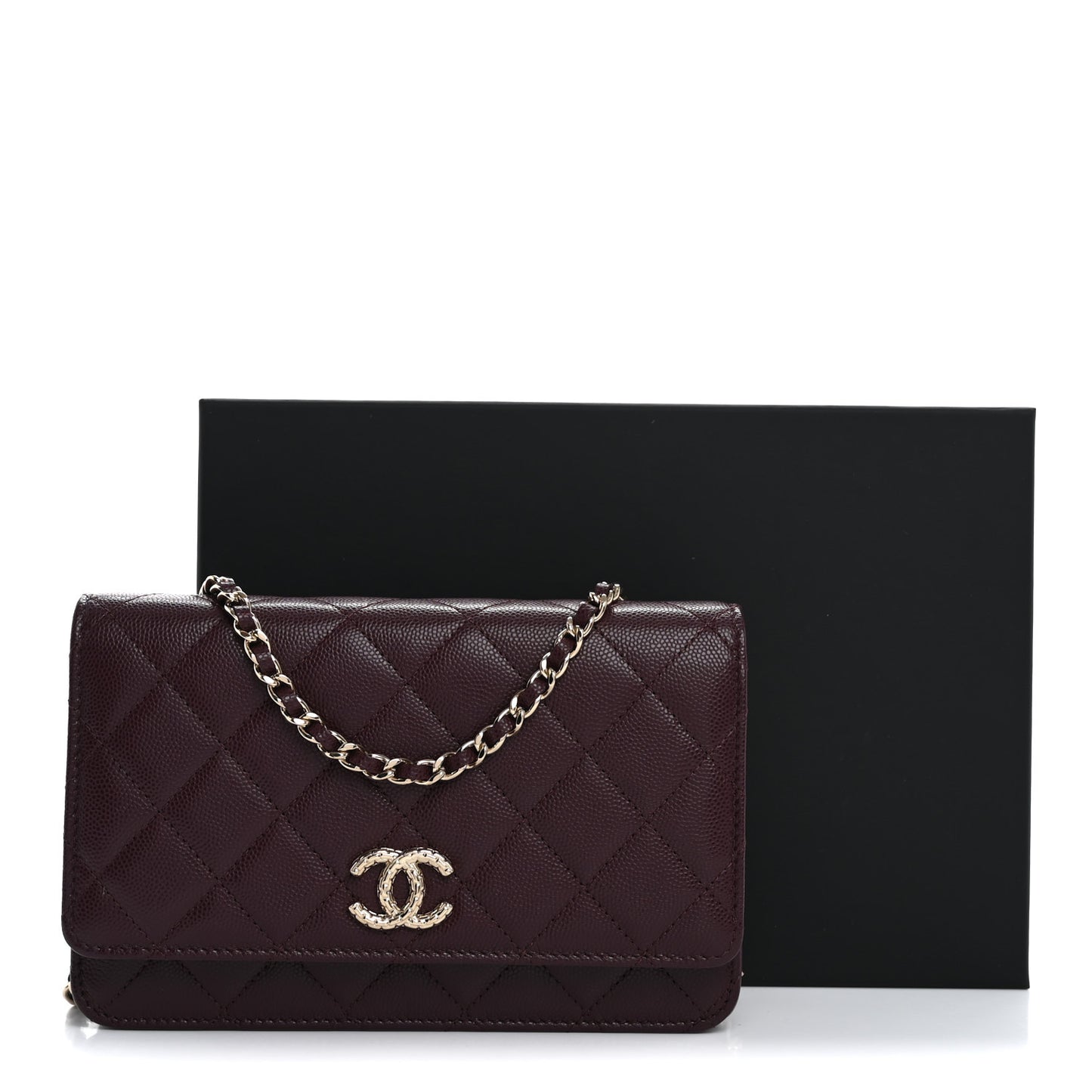 Caviar Quilted Chain Embossed CC Wallet On Chain WOC Dark Burgundy