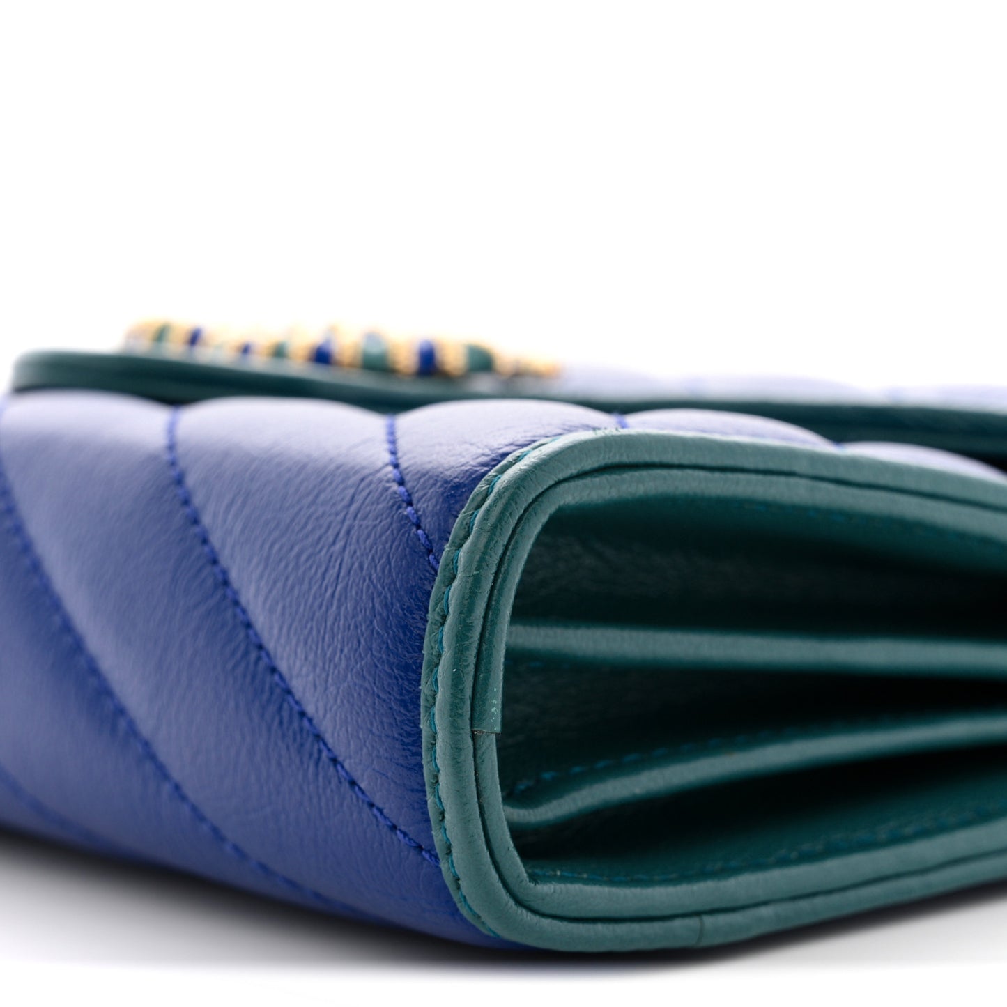 Azalea Calfskin Enamel Matelasse Diagonal Torchon GG Marmont Chain Wallet Imperial Blue Pavone