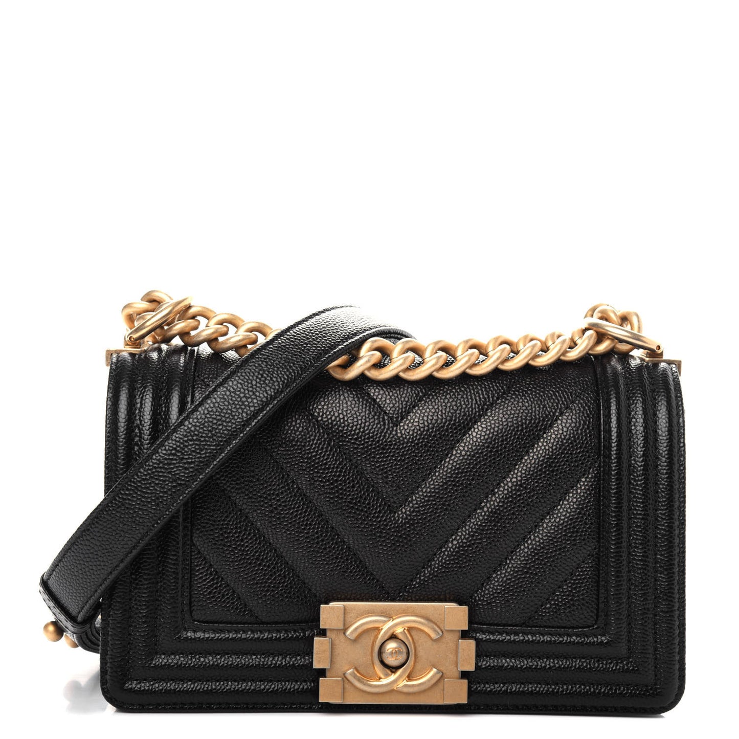Caviar Chevron Quilted Small Boy Flap Black