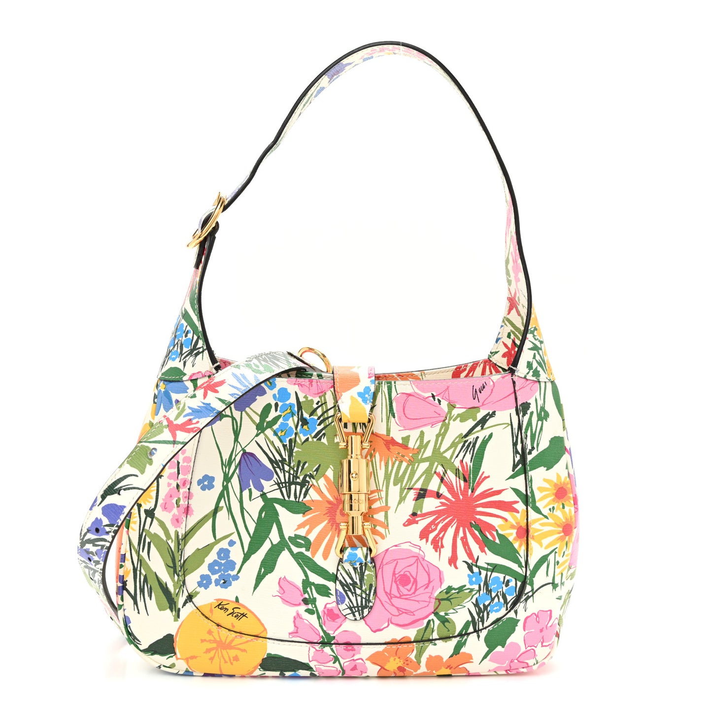 X KEN SCOTT New Shangai Calfskin Jardin D'Avril Floral Print Small Jackie 1961 Hobo Ivory Pink
