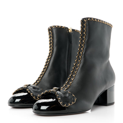 Chanel Lambskin Patent Cap Toe Chain Bow CC Short Boots 39 Black 3 of 9