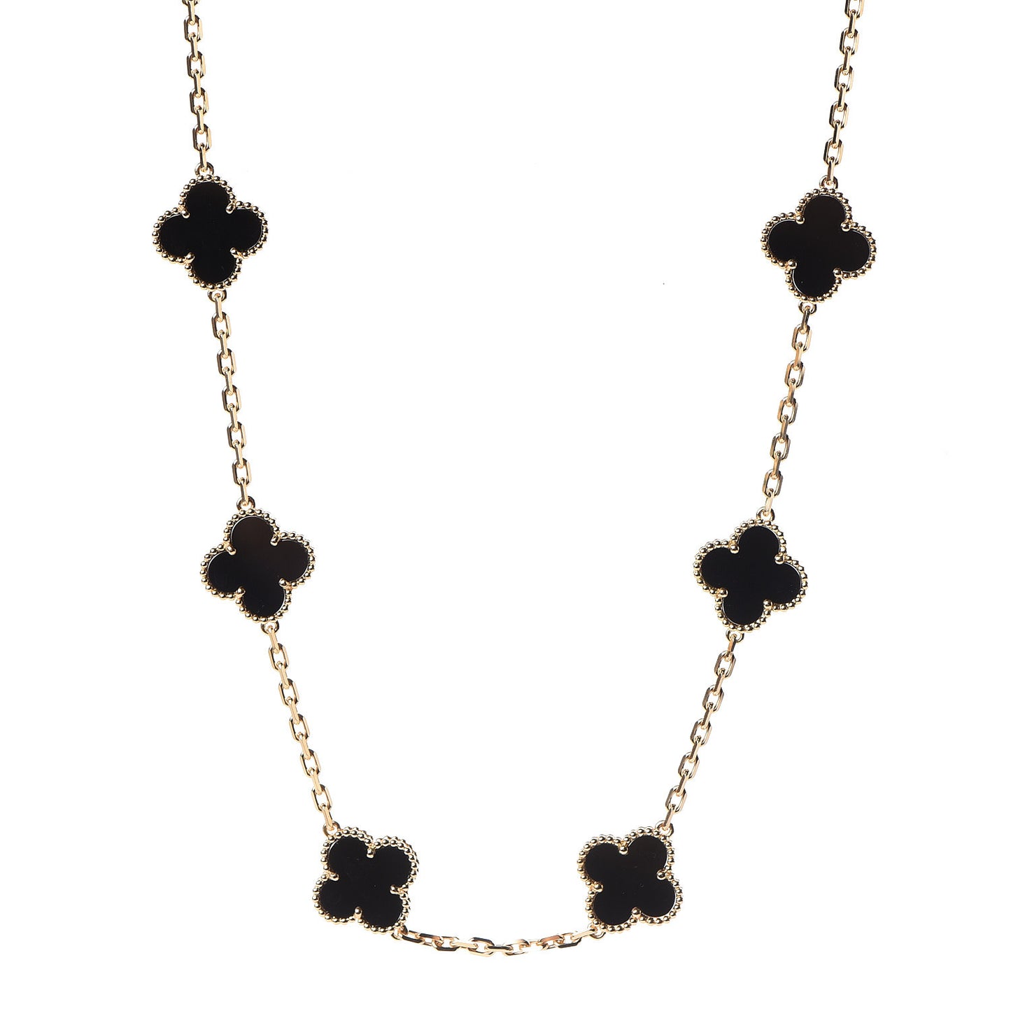 18K Yellow Gold Black Onyx 10 Motifs Vintage Alhambra Necklace
