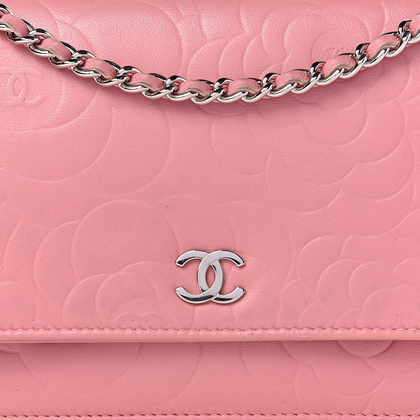 Lambskin Camellia Embossed Wallet On Chain WOC Pink
