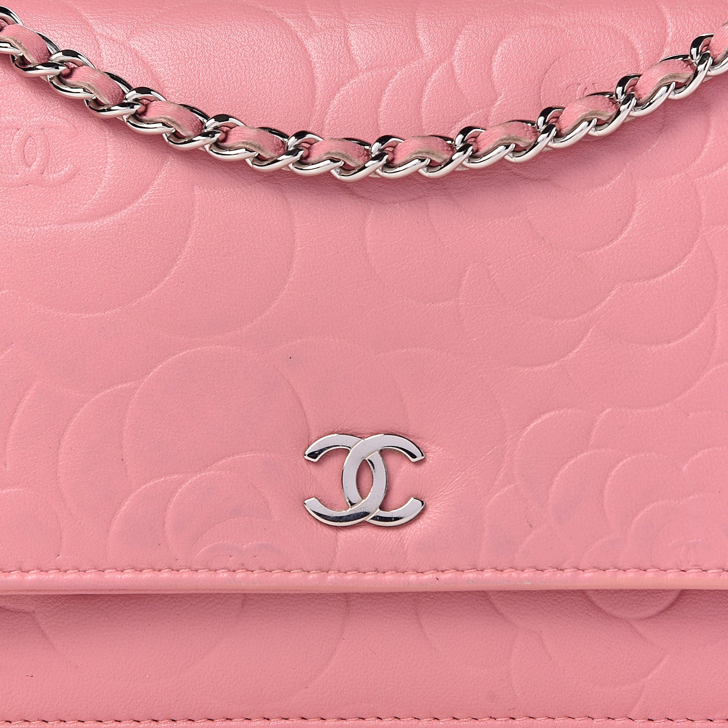 Chanel Lambskin Camellia Embossed Wallet On Chain WOC Pink 10 of 15