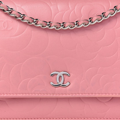 Chanel Lambskin Camellia Embossed Wallet On Chain WOC Pink 10 of 15