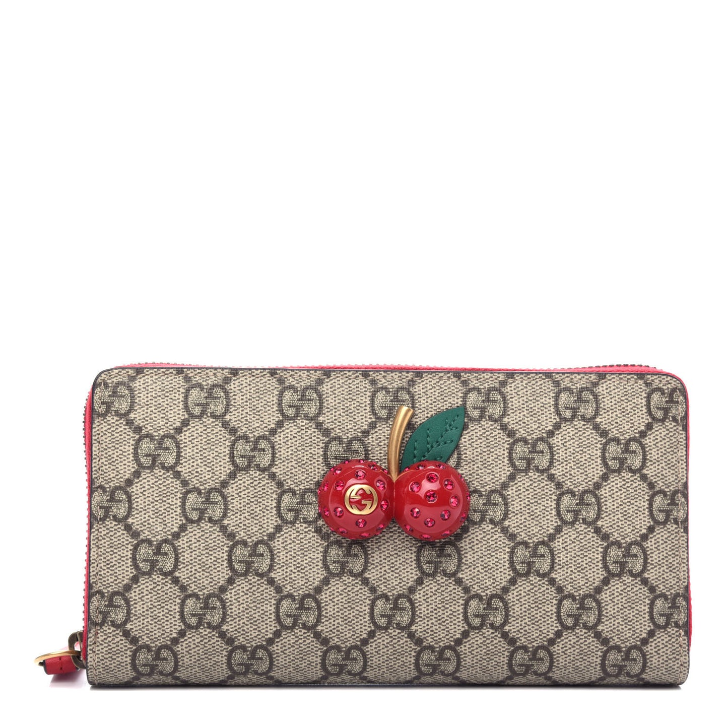 GG Supreme Monogram Cherries Zip Around Wallet Hibiscus Red
