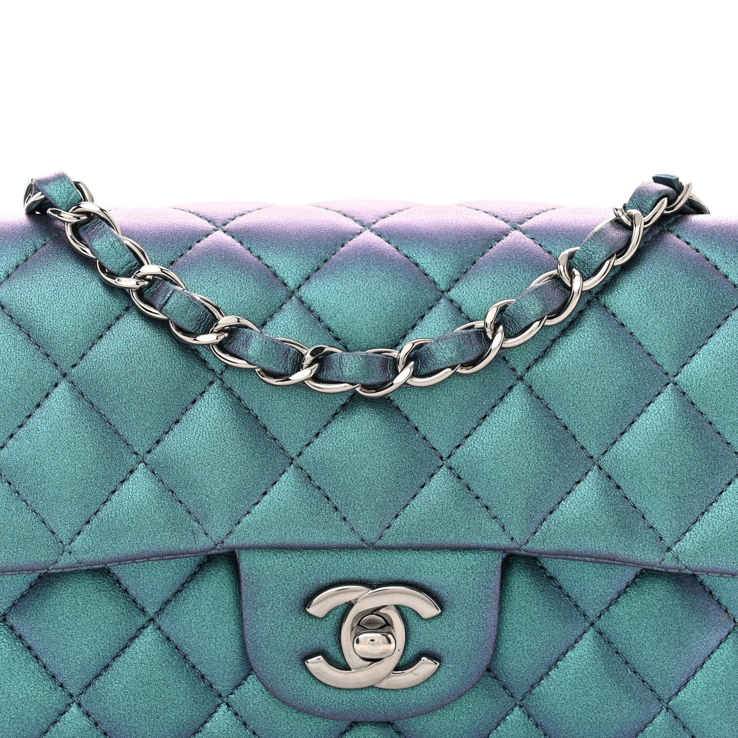 Iridescent Lambskin Quilted Mini Rectangular Flap Turquoise