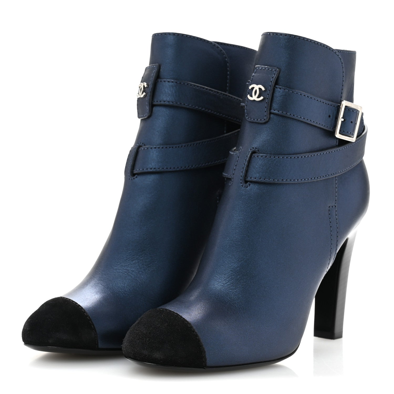 Chanel Calfskin Suede Cap Toe CC Short Boots 40 Navy Black 4 of 9