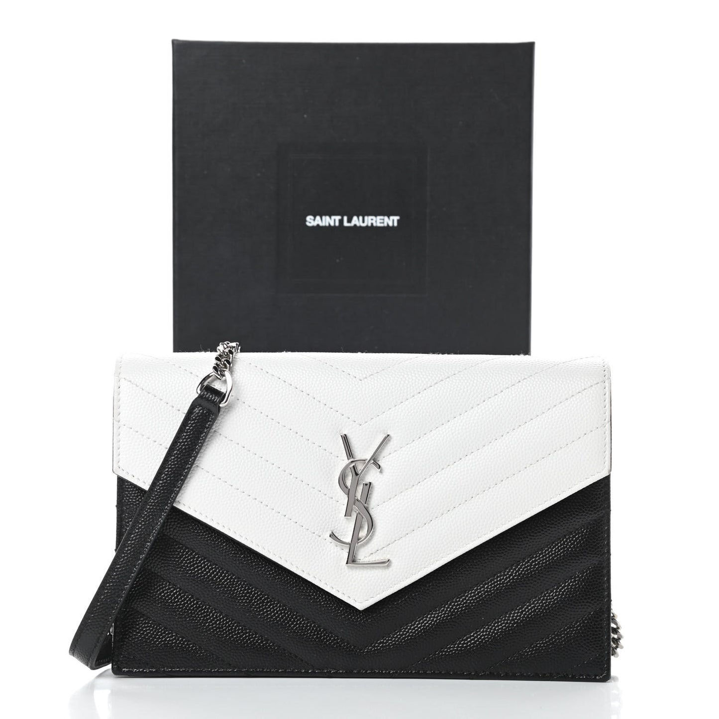 Grain De Poudre Matelasse Chevron Monogram Envelope Chain Wallet Pearl White Black