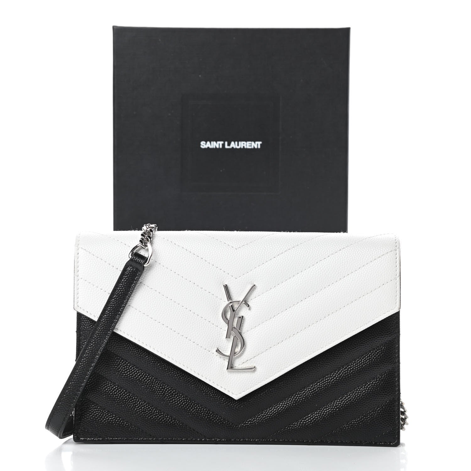 Saint Laurent Grain De Poudre Matelasse Chevron Monogram Envelope Chain Wallet Pearl White Black 11 of 11