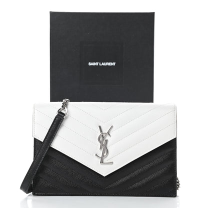 Saint Laurent Grain De Poudre Matelasse Chevron Monogram Envelope Chain Wallet Pearl White Black 11 of 11