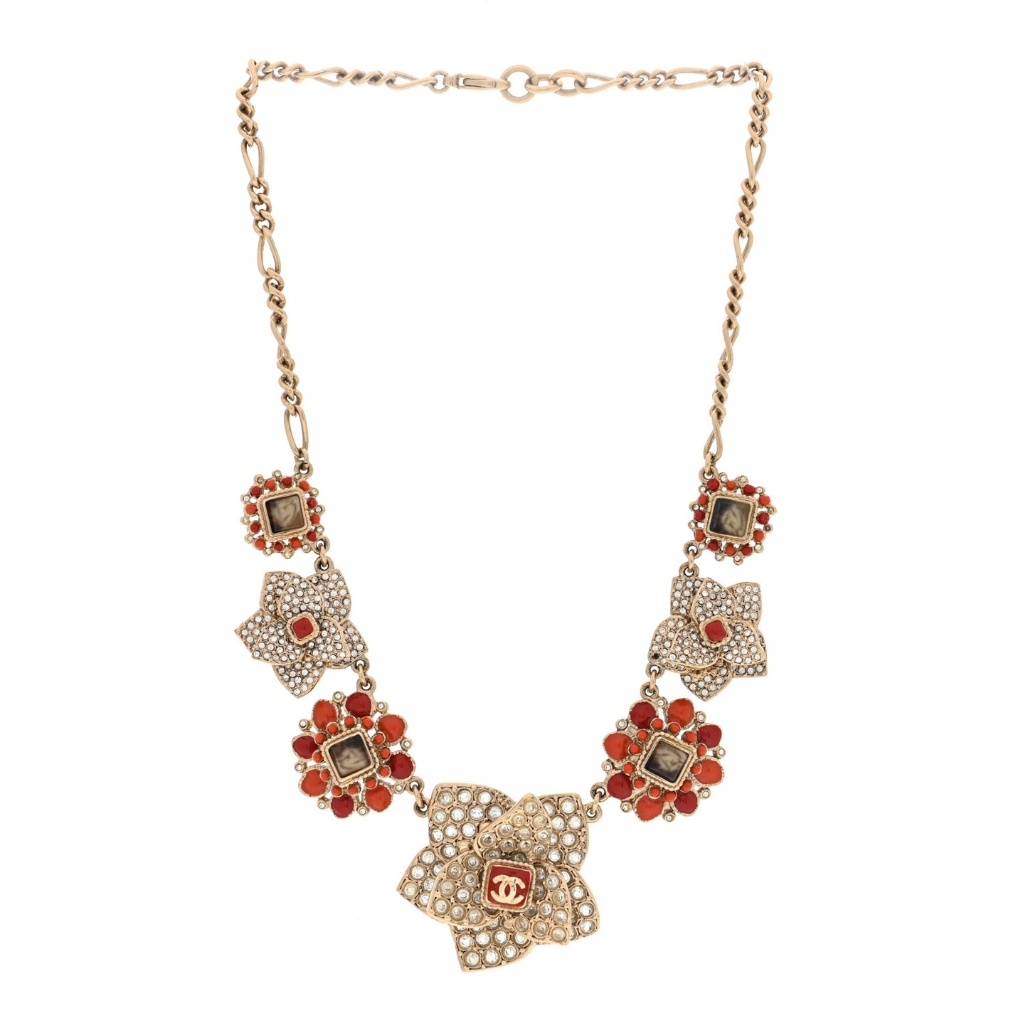 Crystal Gripoix CC Flower Cluster Necklace Gold Red Orange