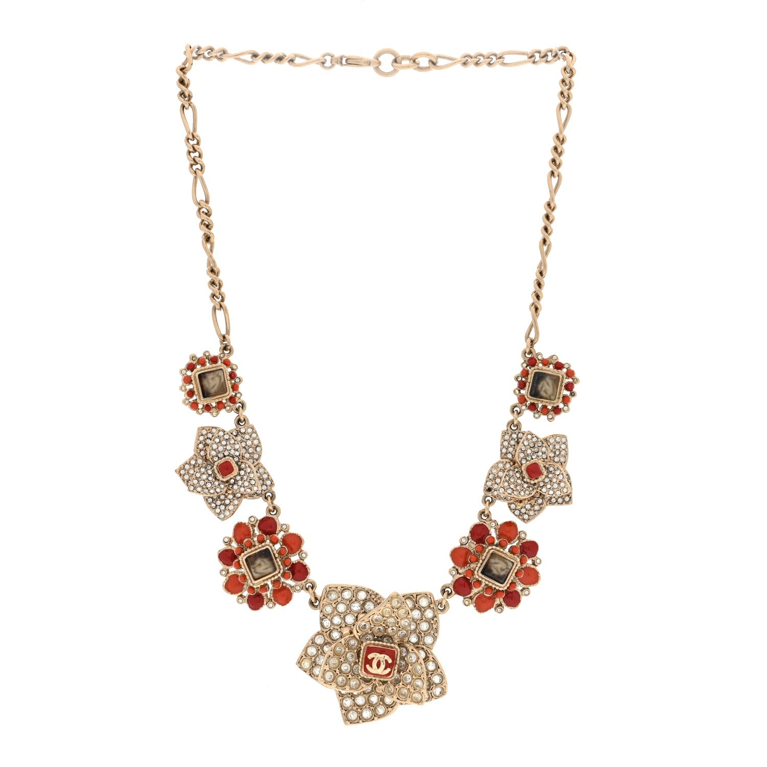 Chanel Crystal Gripoix CC Flower Cluster Necklace Gold Red Orange 3 of 5