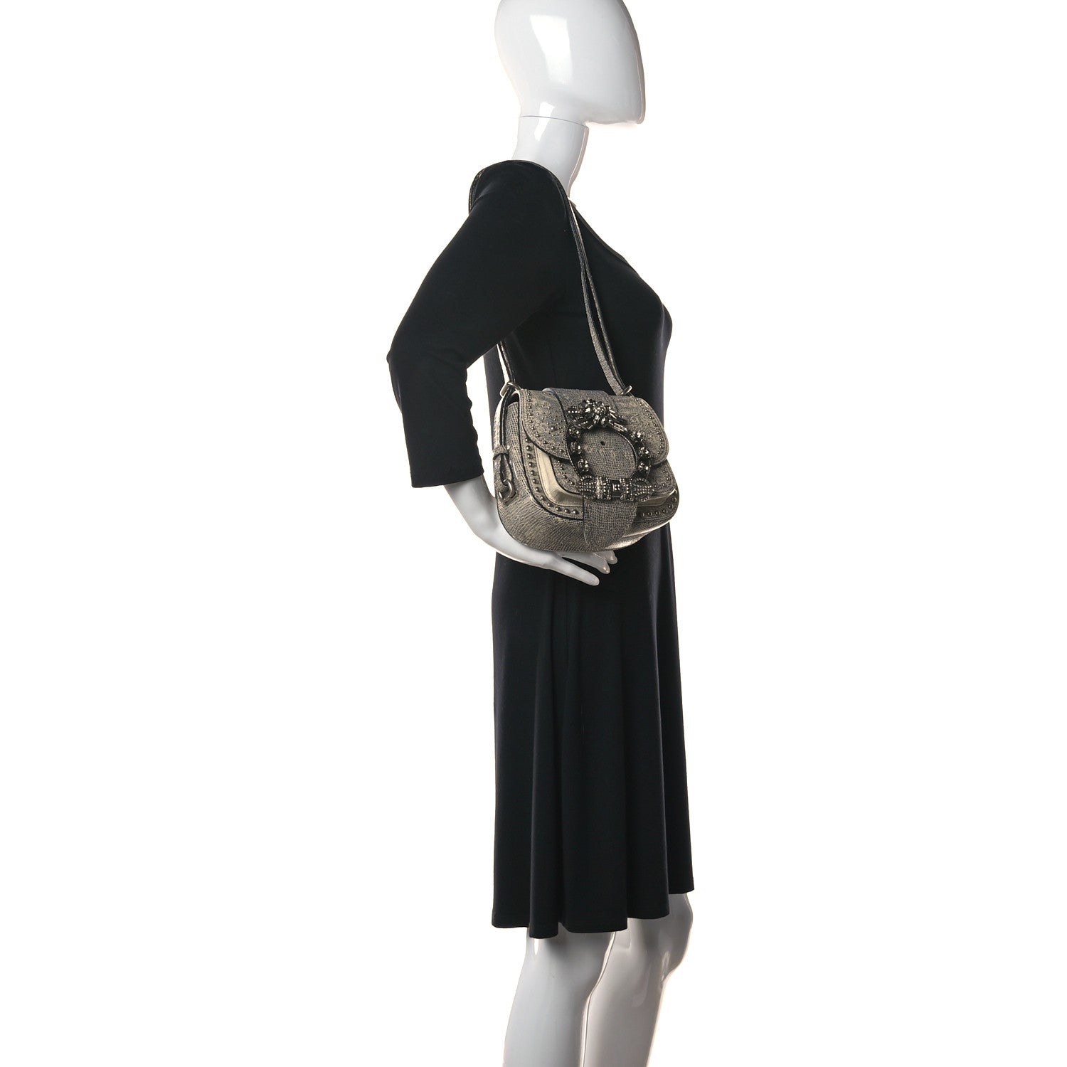 Miu Miu Lizard Embossed Calfskin Studded Jewel Buckle Dahlia Shoulder Bag Roccia 3 of 17