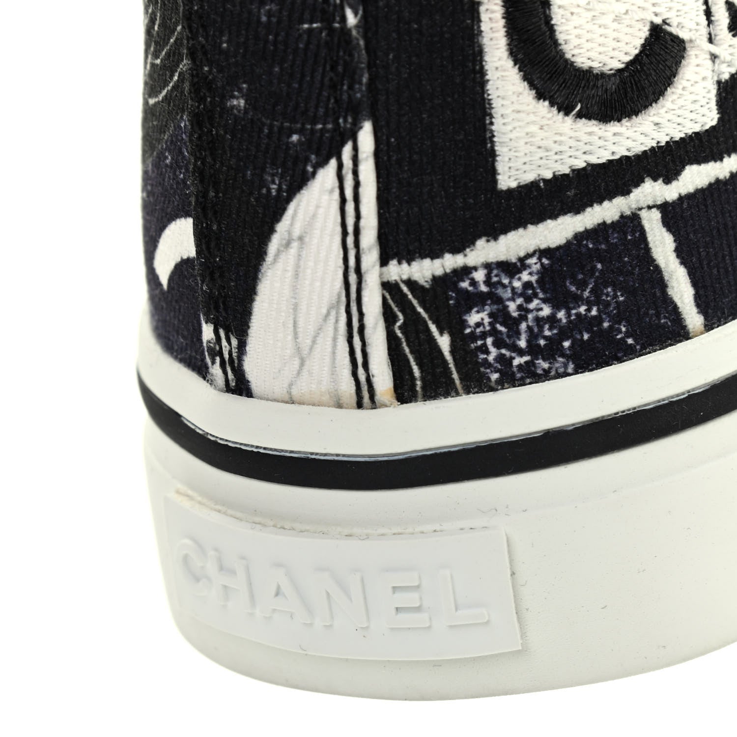 Chanel Printed Fabric High Top Logo Sneakers 38 White Black 10 of 10