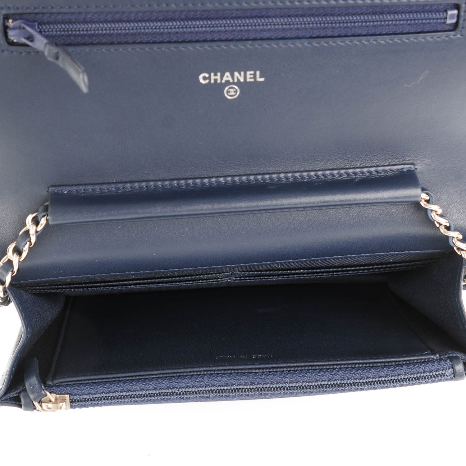 Chanel Calfskin Chevron Quilted Boy Wallet On Chain WOC Navy Blue 5 of 8