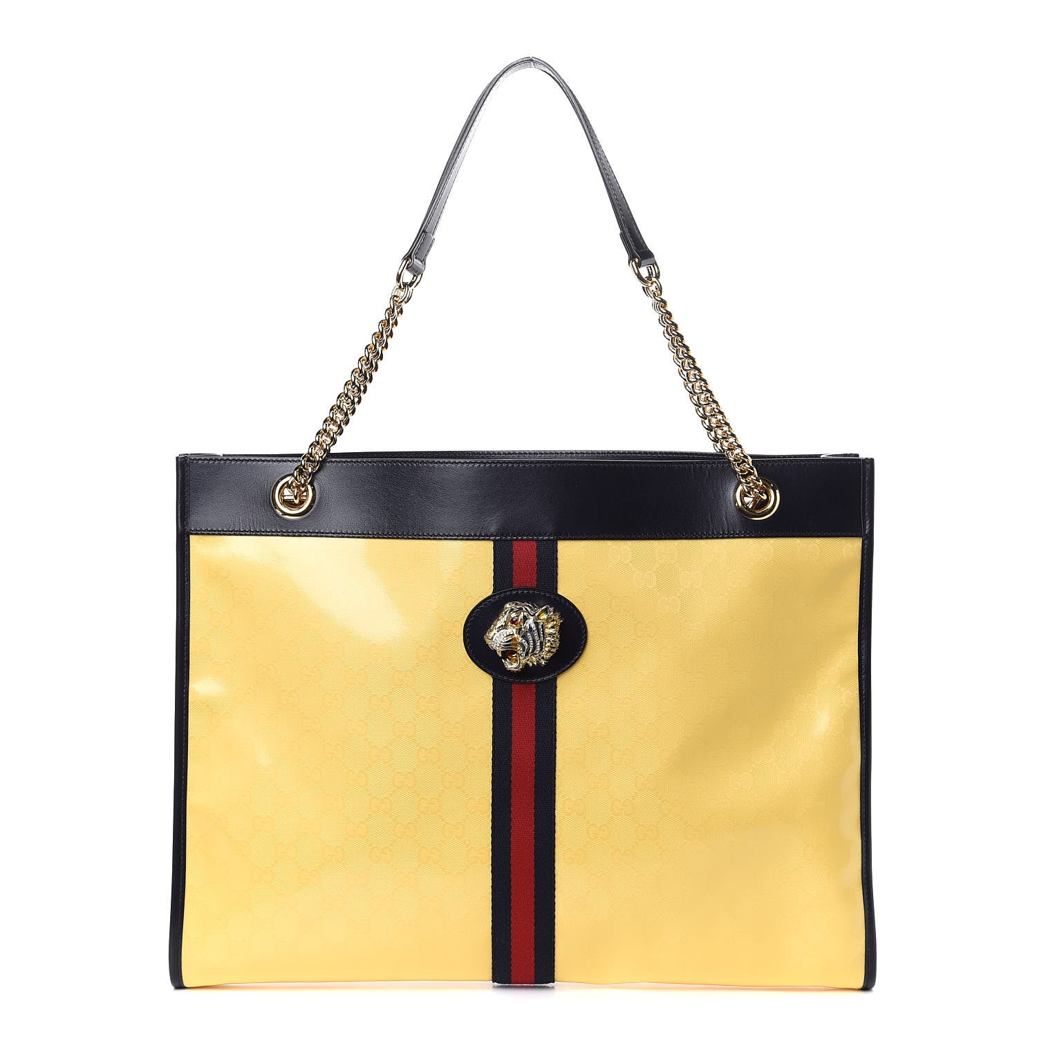 Gucci Crystal Monogram Large Rajah Chain Tote Straw Yellow Blue 1 of 10