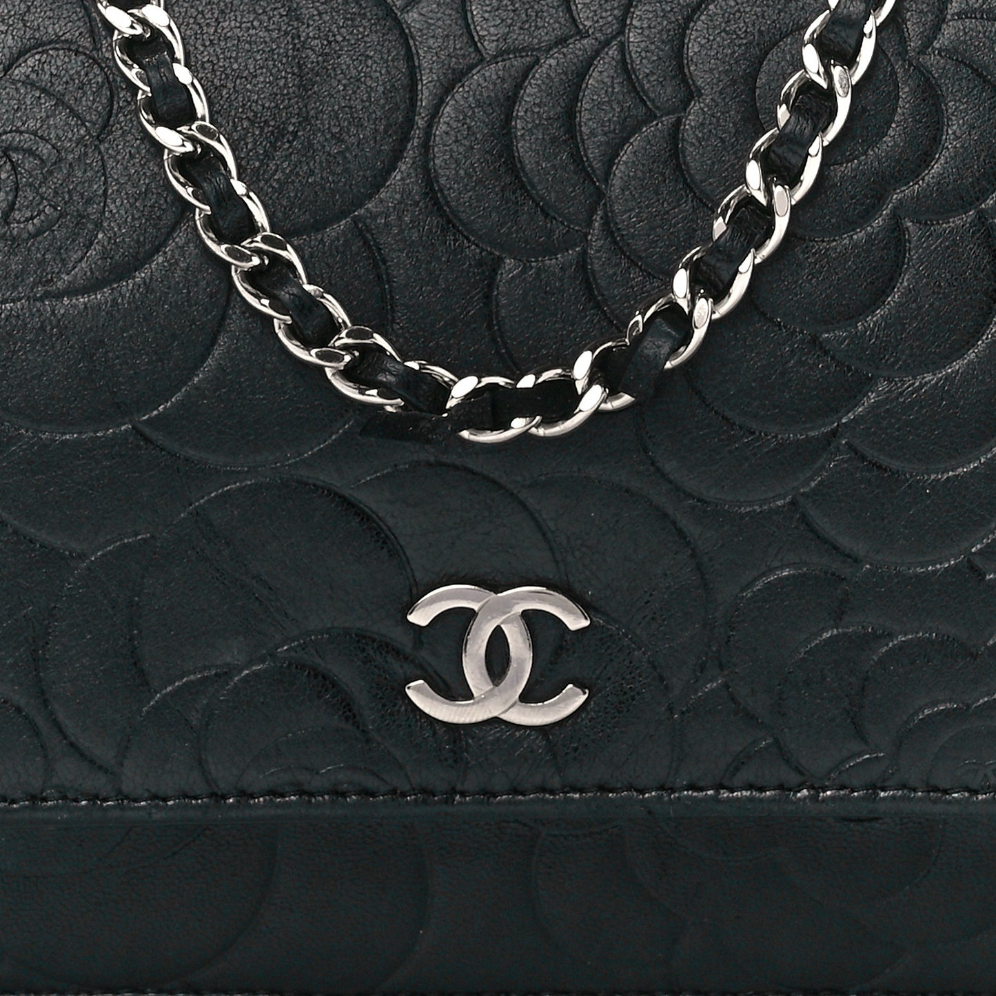 Lambskin Camellia Embossed Wallet on Chain WOC Black