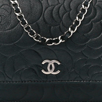 Chanel Lambskin Camellia Embossed Wallet on Chain WOC Black 7 of 10