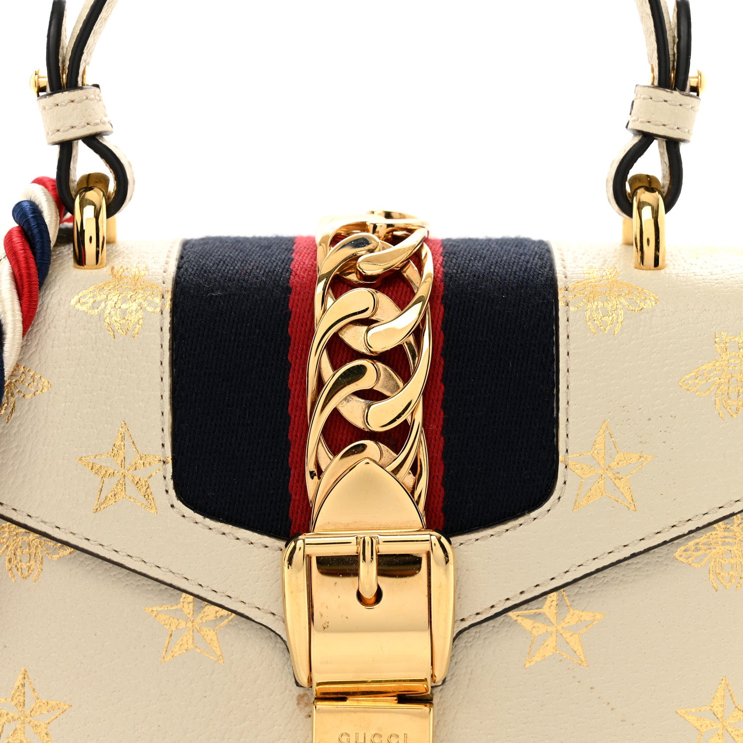 Gucci Textured Calfskin Bee Star Print Mini Sylvie Top Handle Bag Mystic White 4 of 10