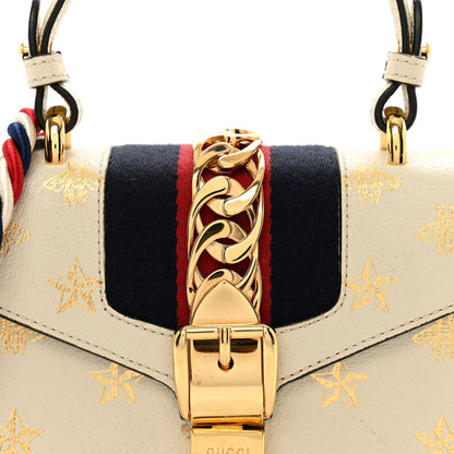 Gucci Textured Calfskin Bee Star Print Mini Sylvie Top Handle Bag Mystic White 4 of 10