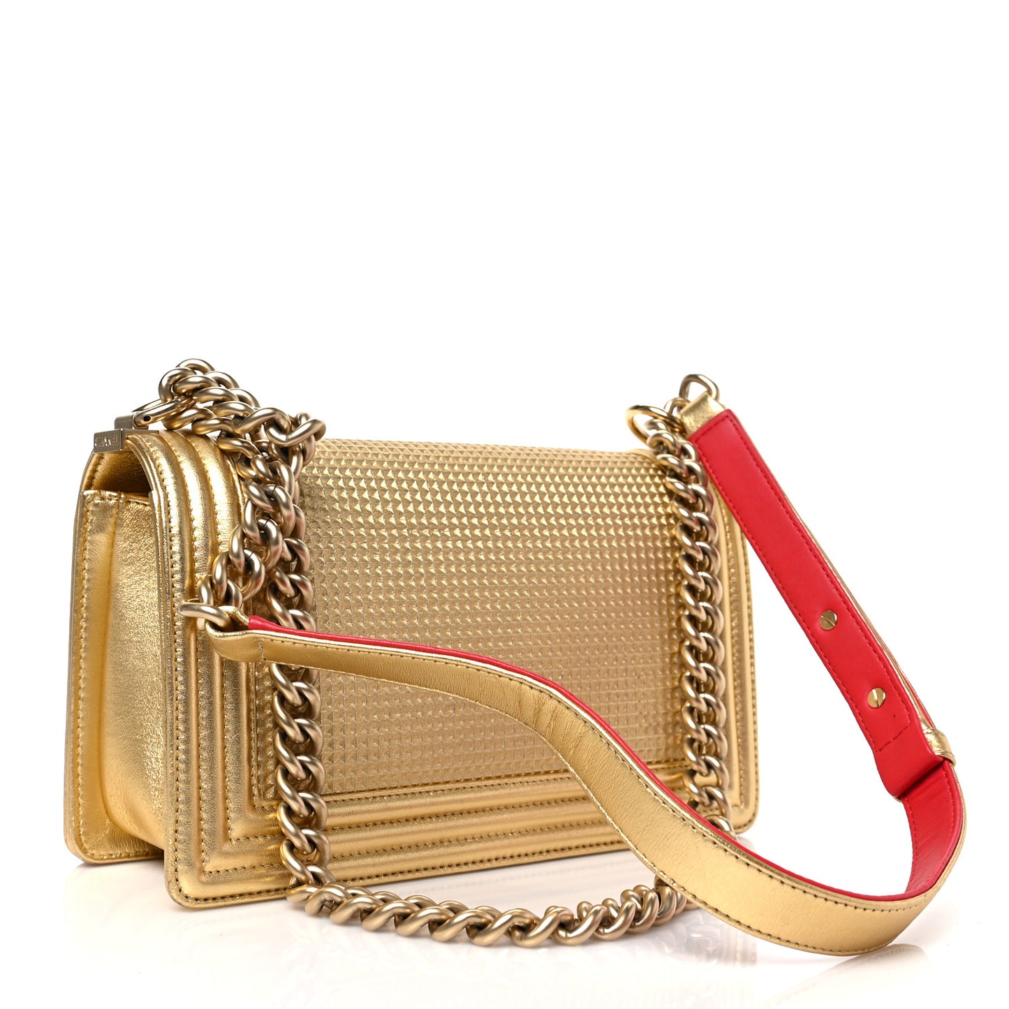Metallic Lambskin Embossed Medium Cube Boy Flap Gold