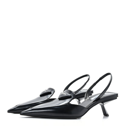 Prada Spazzolato Logo Pointed Toe 55mm Slingback Pumps 38 Black 3 of 7