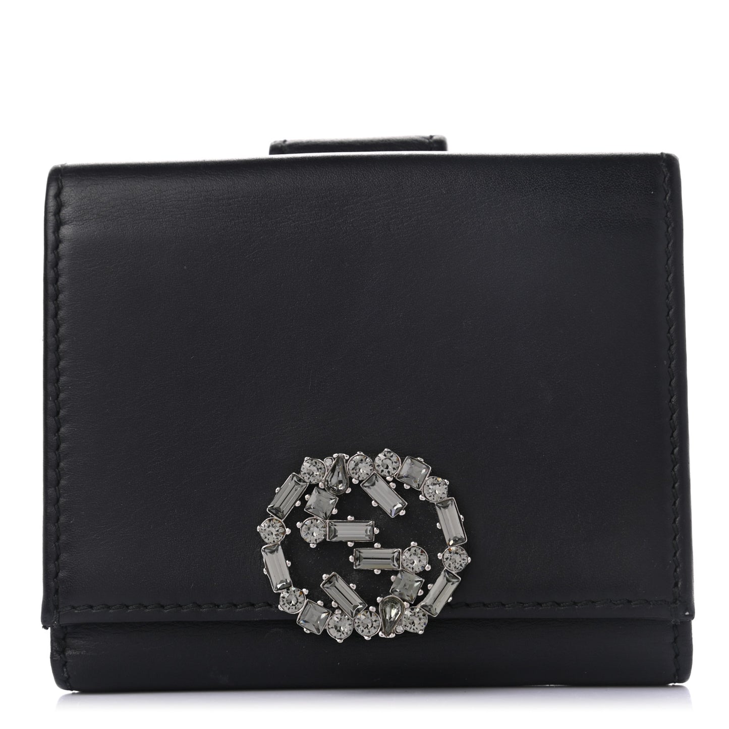 Calfskin Swarovski Crystal Mini GG Sparkling French Flap Wallet Black