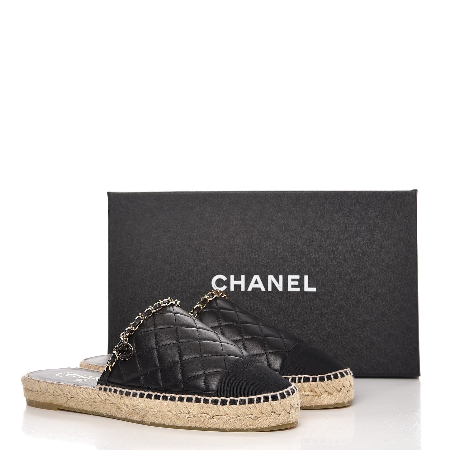 Lambskin Grosgrain Quilted CC Chain Espadrille Mules 39 Black