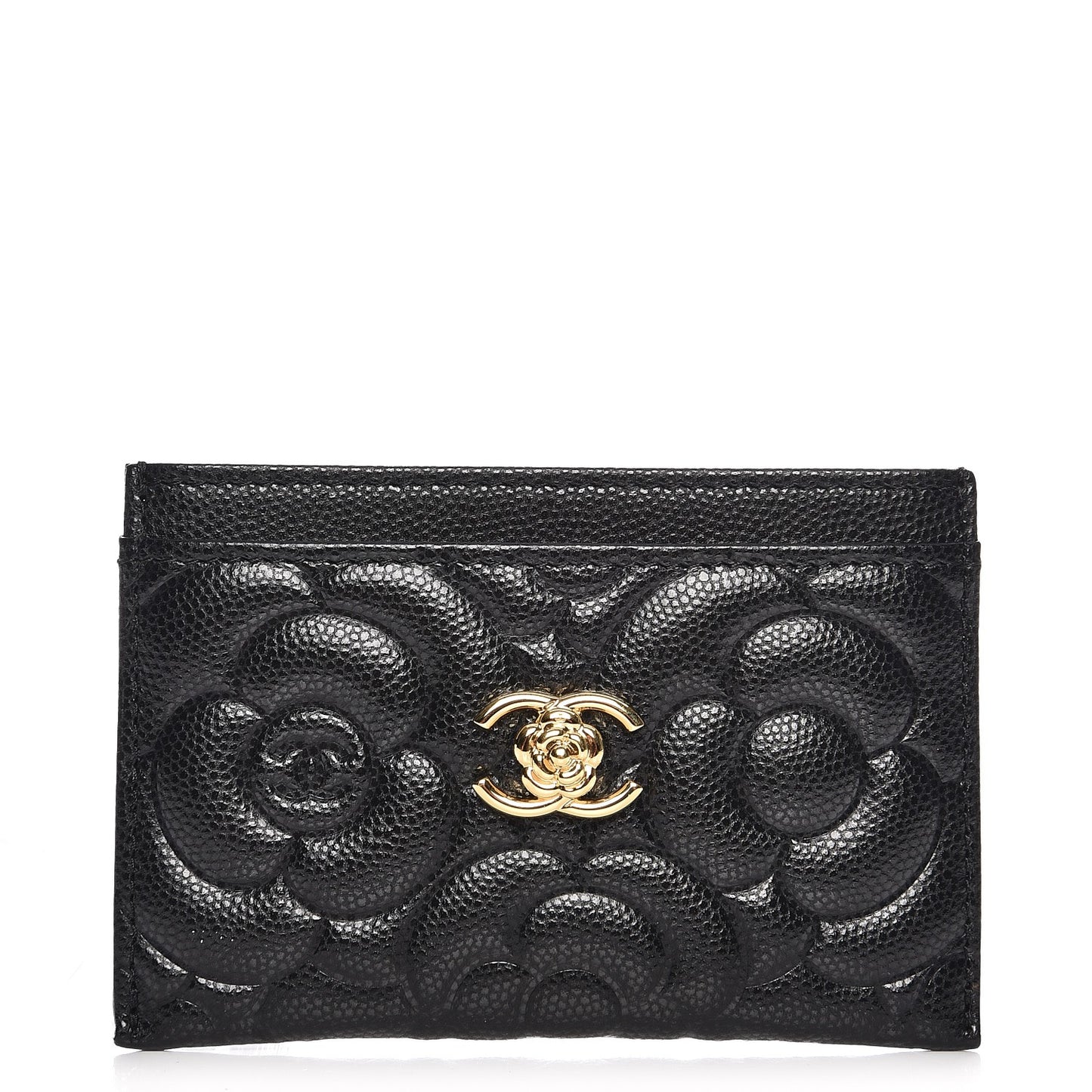 Caviar Camellia Embossed Card Holder Black